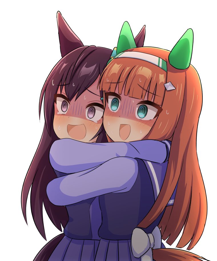 2girls, @_@, back_bow, bow, brown_hair, ear_covers, ear_ornament, hime_cut