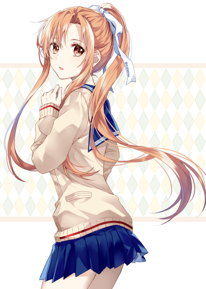 1girl, argyle, argyle_background, asuna_(sao), asymmetrical_bangs, bangs, blue_sailor_collar, blue_skirt, brown_eyes, brown_hair, brown_sweater, cowboy_shot, facing_to_the_side, from_side, hair_ribbon, hand_up, highres, istriri, long_sleeves, looking_at_viewer, official_alternate_costume, official_alternate_hairstyle, open_mouth, pleated_skirt, ponytail, ribbon, sailor_collar, sidelocks, skirt, solo, sweater, sword_art_online, sword_art_online:_memory_defrag, twitter_username, white_background, white_ribbon