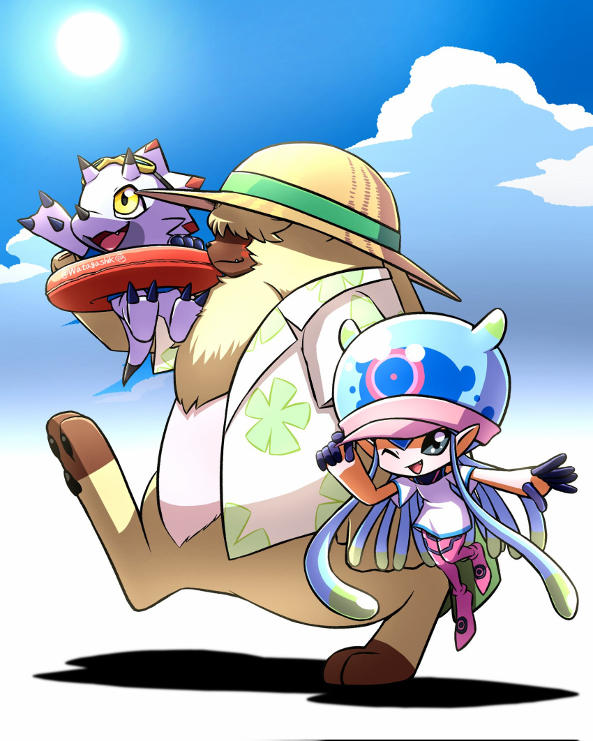 1girl, ;d, adjusting_clothes, adjusting_headwear, angoramon, black_eyes, blue_hair, boots