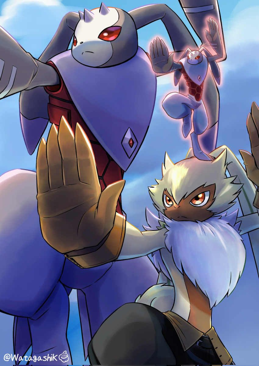 andiramon, animal_ears, brown_eyes, brown_gloves, closed_mouth, clouds, cloudy_sky, commentary, day, digimon, digimon_(creature), fighting_stance, from_side, gloves, hands_up, highres, leg_up, no_humans, outdoors, outstretched_arms, rabbit_ears, red_eyes, serious, signature, sky, standing, standing_on_one_leg, symbareangoramon, symbol-only_commentary, twitter_username, watagashikn
