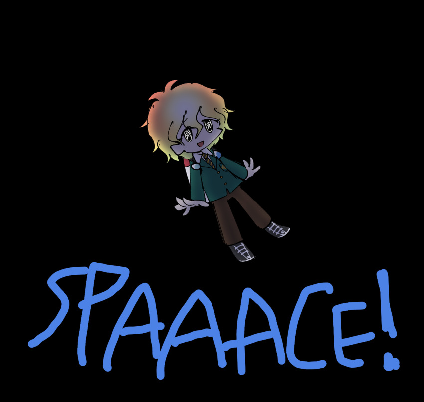 antenna_hair, atoymk, bangs, black_background, black_eyes, black_footwear, blonde_hair, bright_pupils