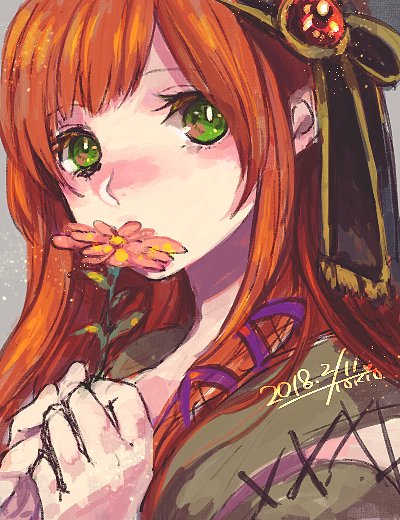 1girl, bangs, black_headband, blush, brown_shirt, chrono_cross, commentary_request, covered_mouth, cross-laced_sleeves, dated, flower, flower_over_mouth, green_eyes, grey_background, headband, leena_(chrono_cross), long_hair, looking_at_viewer, orange_hair, pink_flower, shirt, signature, smelling_flower, solo, tokio_(okt0w0)