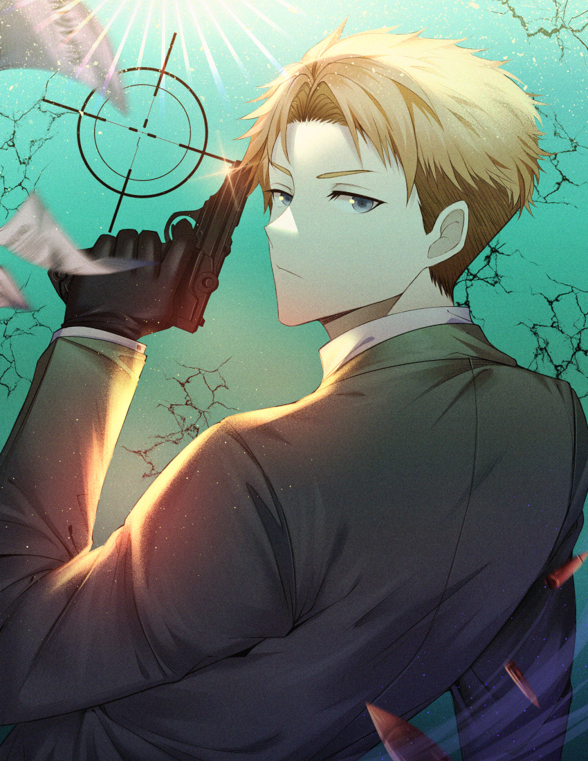 1boy, absurdres, ammunition, aqua_background, bad_gun_anatomy, black_gloves, blonde_hair, closed_mouth