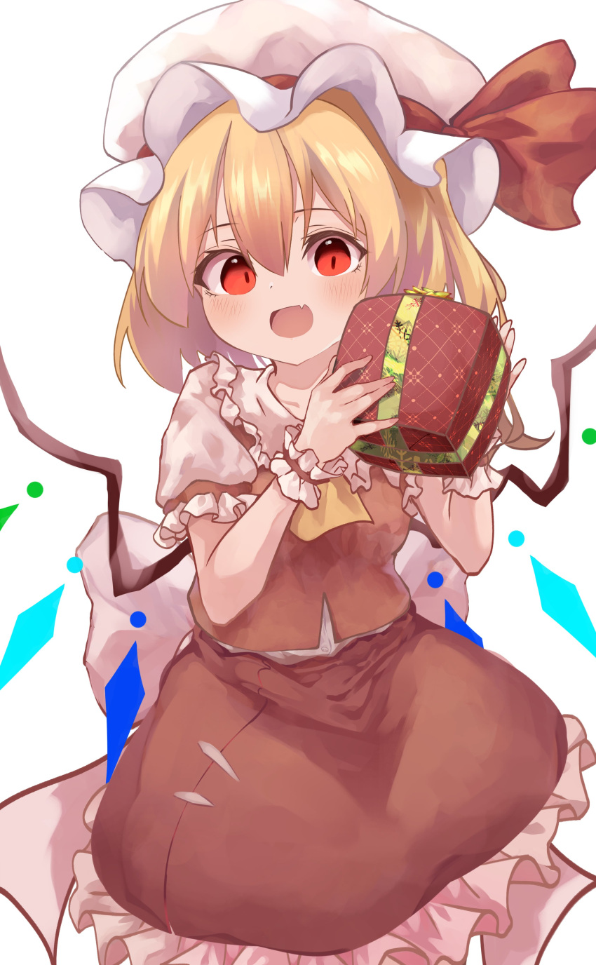 1girl, :d, \||/, absurdres, blonde_hair, box, fang, flandre_scarlet