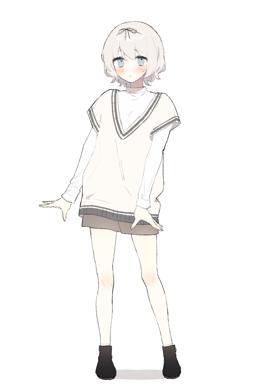 black_footwear, blue_eyes, blush, expressionless, full_body, hanamura_hinako, headband, highres