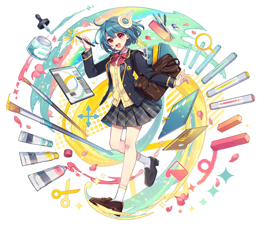 1girl, bag, black_jacket, blazer, blue_hair, bow, bowtie, breasts