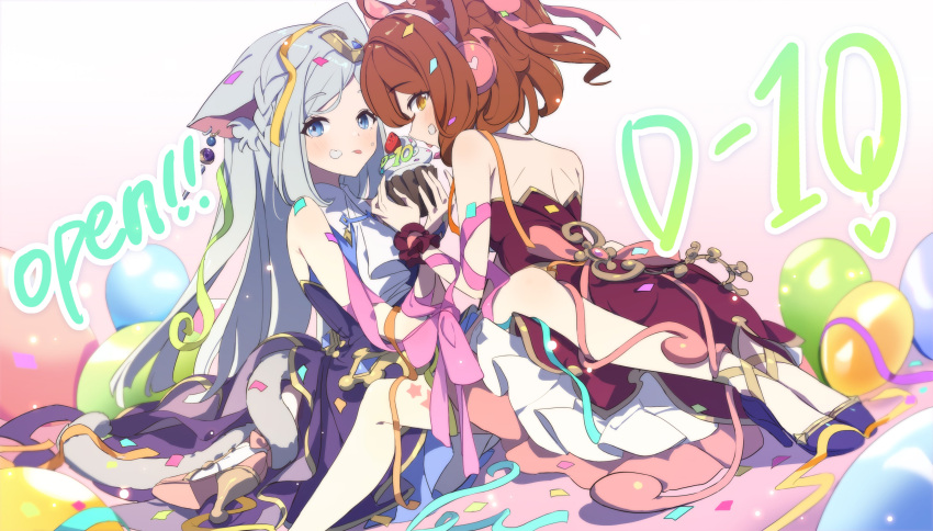 2girls, absurdres, animal_ears, arm_ribbon, asymmetrical_bangs, balloon, bangs, bare_shoulders, blue_dress, blue_eyes, brown_eyes, brown_hair, cat_ears, cat_girl, cat_tail, countdown, cupcake, dress, earrings, english_text, eversoul, food, hair_ornament, headphones, high_heels, highres, idol, jewelry, korean_commentary, leg_lock, looking_at_viewer, mica_(eversoul), mouse_ears, multiple_girls, off_shoulder, official_art, red_dress, ribbon, seeha_(eversoul), simple_background, sleeveless, star_sticker, tail, tongue, tongue_out, white_hair