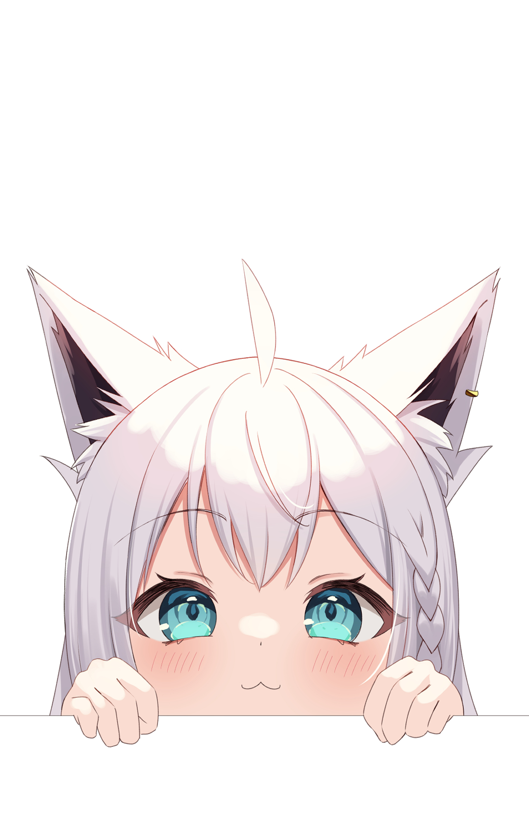1girl, :3, ahoge, animal_ear_fluff, animal_ears, bangs, blush, braid, commentary_request, earrings, fox_ears, fox_girl, green_eyes, hair_between_eyes, highres, hololive, jewelry, kamachi_(kamati0maru), long_hair, looking_at_viewer, peeking_out, shirakami_fubuki, sidelocks, simple_background, single_braid, solo, virtual_youtuber, white_background, white_hair