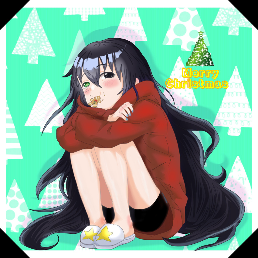 akwaro_bemien, christmas, christmas_tree, cookie, eating, food, happy_holidays, heterochromia, highres, holiday, kat_yuusha, legs, long_hair, merry_christmas, original, red_sweater, sitting, sweater