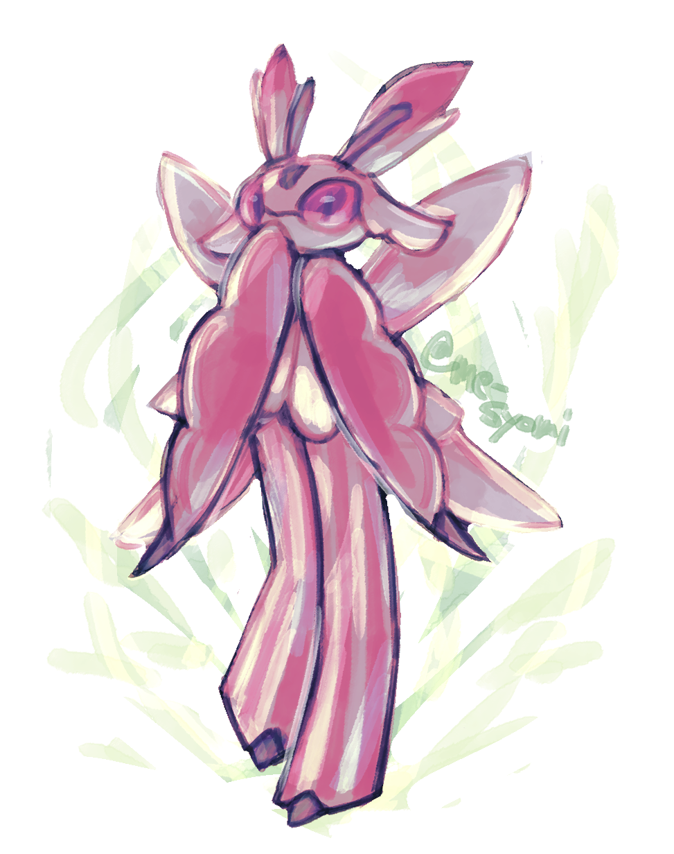 1girl, antennae, arthropod_girl, artist_name, colored_sclera, colored_skin, commentary_request, full_body, hands_up, highres, legs_together, lurantis, me_syomi, multicolored_skin, own_hands_together, pink_sclera, pink_skin, pokemon, pokemon_(creature), signature, sketch, solo, standing, twitter_username, two-tone_skin, violet_eyes, white_background, white_skin