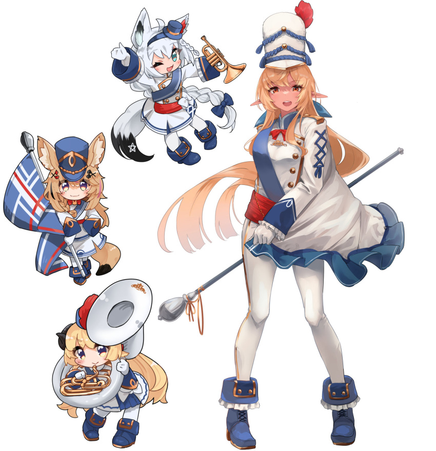 4girls, ahoge, animal_ear_fluff, animal_ears, bangs, blonde_hair, blue_eyes, blue_footwear