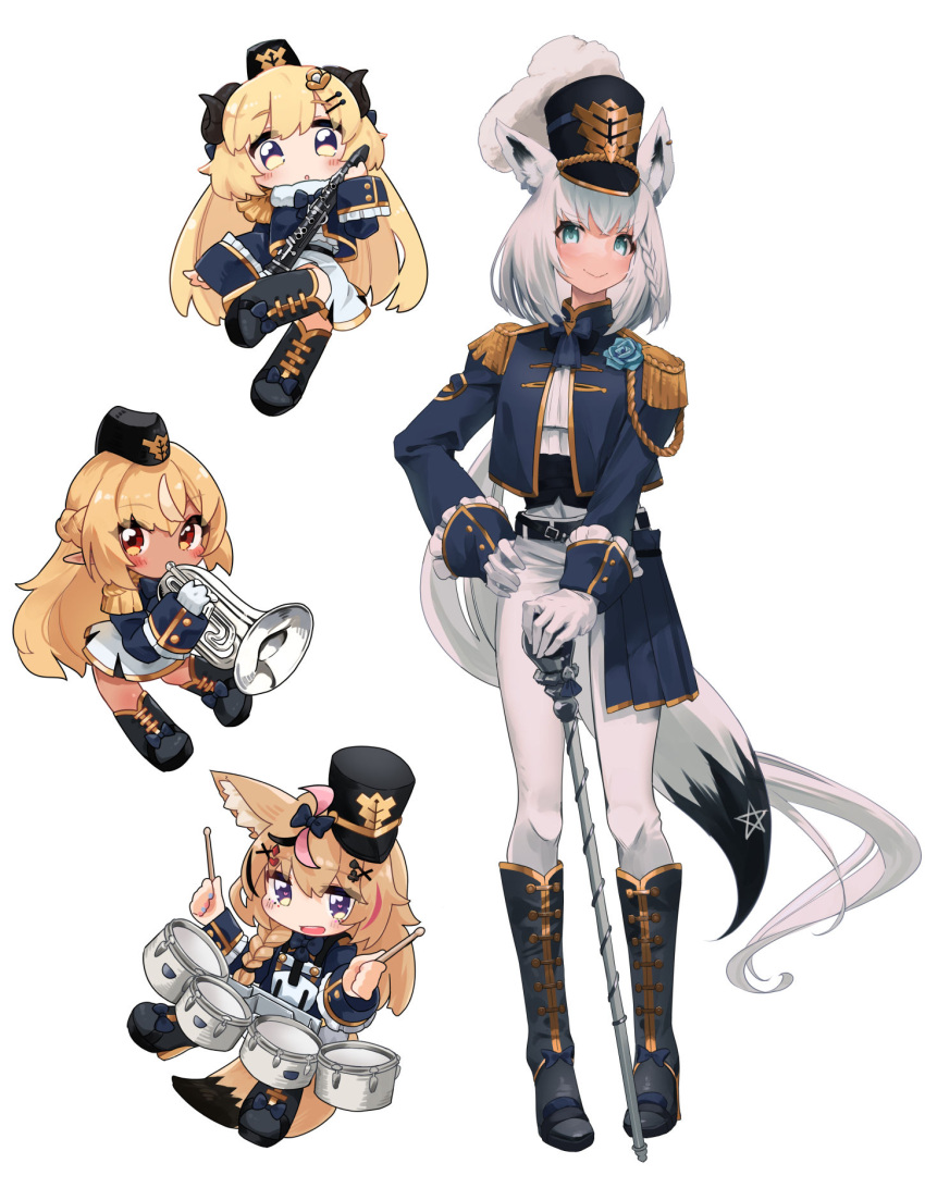 4girls, ahoge, animal_ear_fluff, animal_ears, bangs, blonde_hair, blue_eyes, blue_footwear, boots, braid, chibi, clarinet, commentary_request, drum, drum_set, earrings, fox_ears, fox_girl, fox_tail, gloves, green_eyes, hair_between_eyes, hand_on_hip, highres, hololive, horns, instrument, jewelry, long_hair, looking_at_viewer, mochiyuki_(gigfor1), multiple_girls, omaru_polka, pants, pentagram, pointy_ears, red_eyes, sheep_girl, sheep_horns, shirakami_fubuki, shiranui_flare, sidelocks, simple_background, single_braid, tail, tsunomaki_watame, tuba, violet_eyes, virtual_youtuber, white_background, white_gloves, white_hair, white_pants