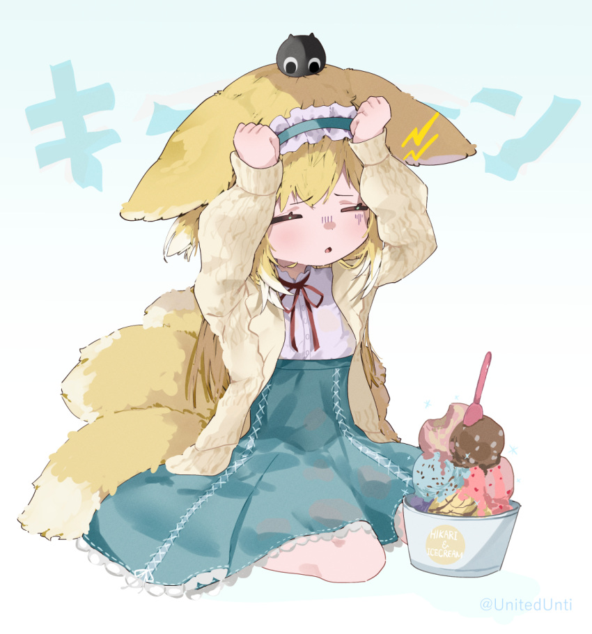 1girl, :o, =_=, animal_ears, arknights, arms_up, blonde_hair, bowl