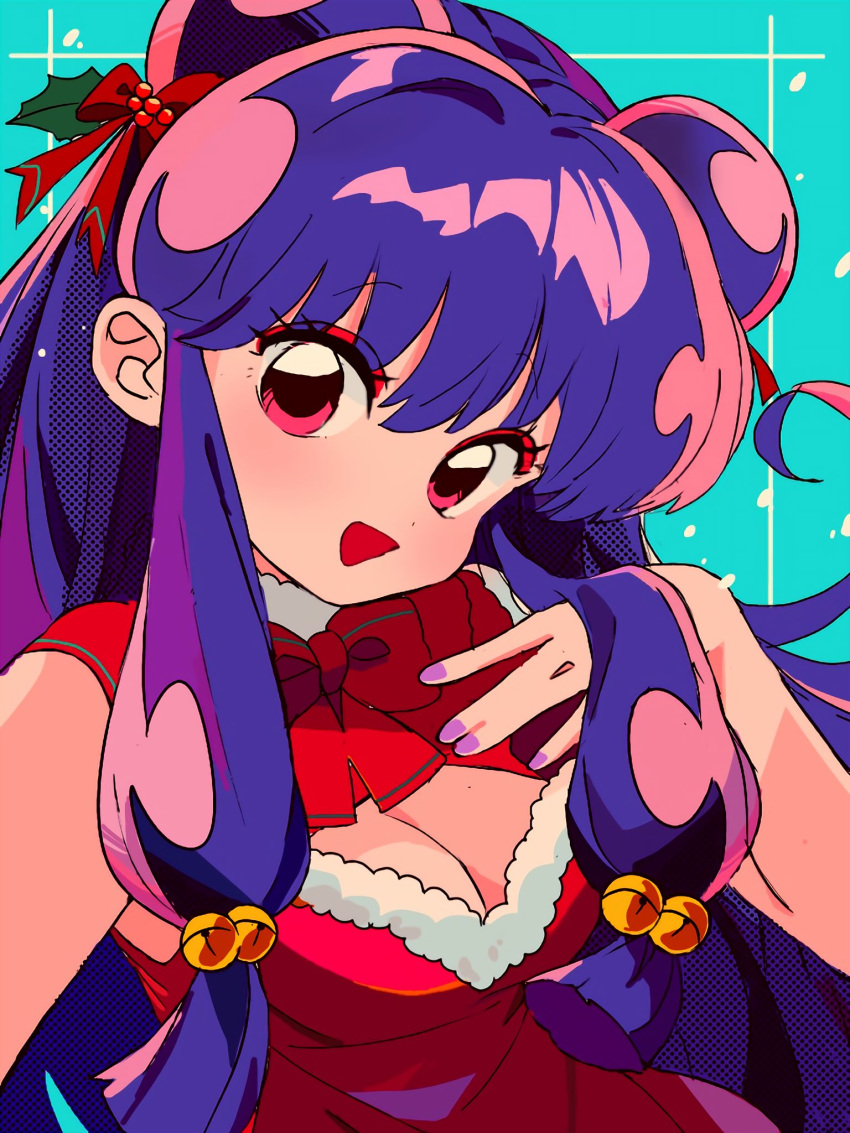 1girl, aqua_background, blush, bow, breasts, christmas, commentary, hair_between_eyes