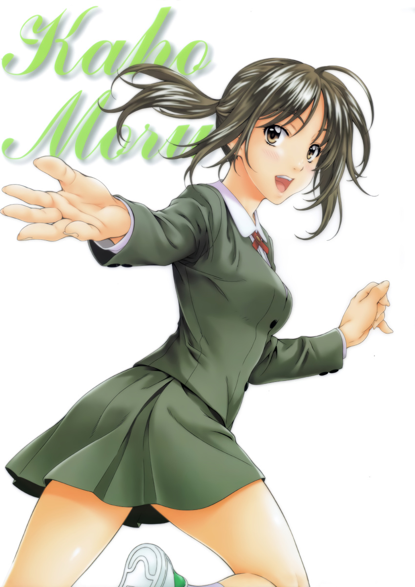 1990s_(style), 1girl, absurdres, brown_hair, character_name, cursive, green_hair, green_skirt
