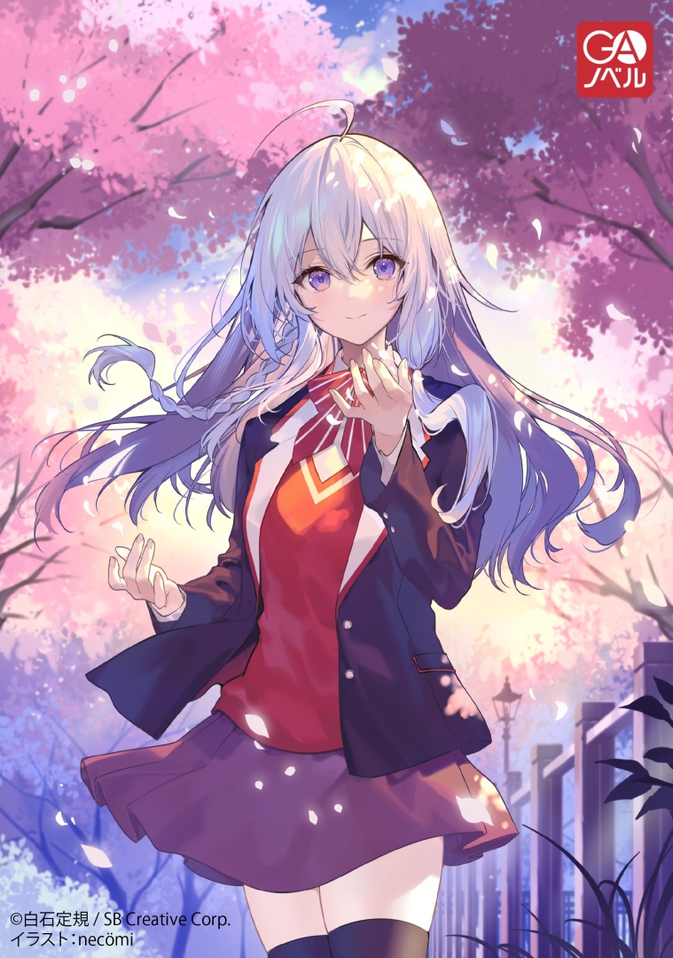 ahoge, black_bow, black_thighhighs, blazer, blue_eyes, bow, braid, brown_footwear