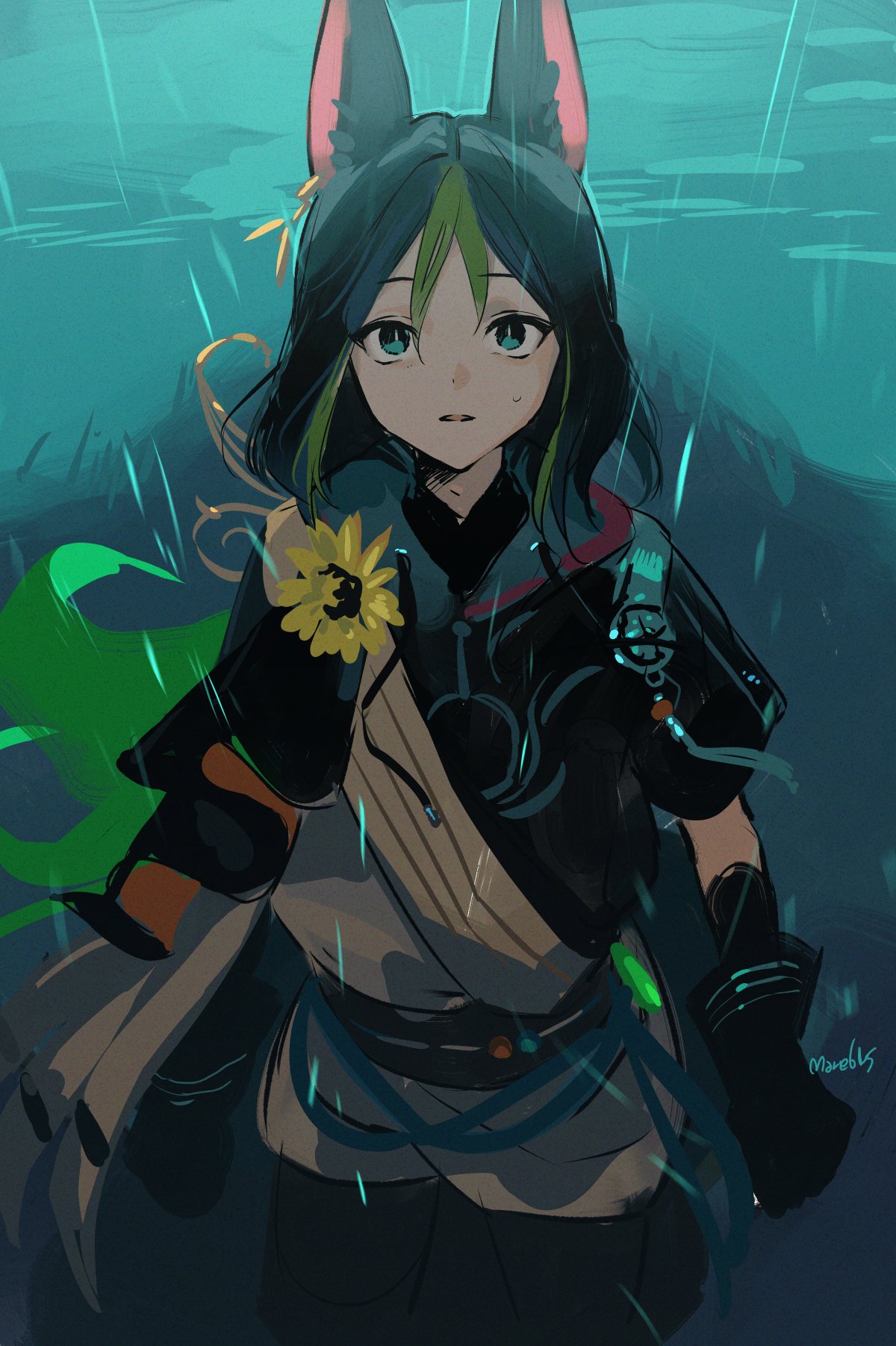 1boy, animal_ears, asymmetrical_sleeves, bangs, black_gloves, black_hair, blue_eyes, blue_hair, commentary_request, earrings, flower, fox_boy, fox_ears, fox_tail, genshin_impact, gloves, green_hair, highres, hood, hood_down, jewelry, male_focus, mare6ns, multicolored_hair, parted_lips, rain, single_earring, solo, streaked_hair, tail, tassel, tighnari_(genshin_impact), uneven_sleeves, water, yellow_flower