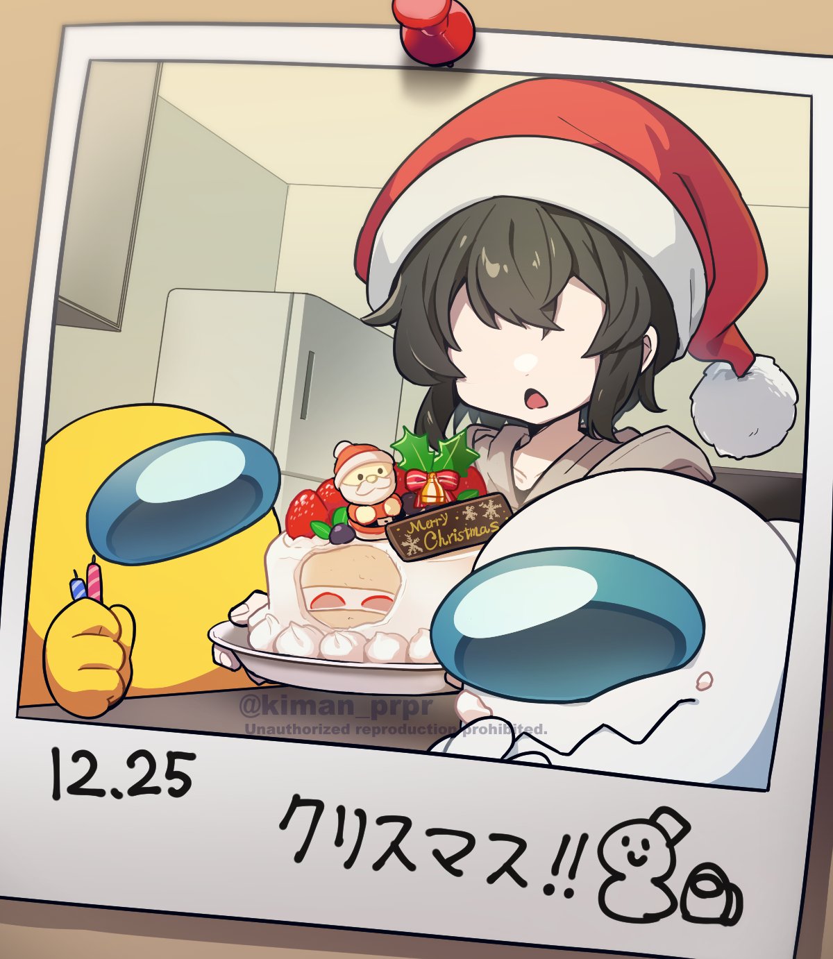 3others, ambiguous_gender, among_us, bangs, bell, brown_hair, cake, candle