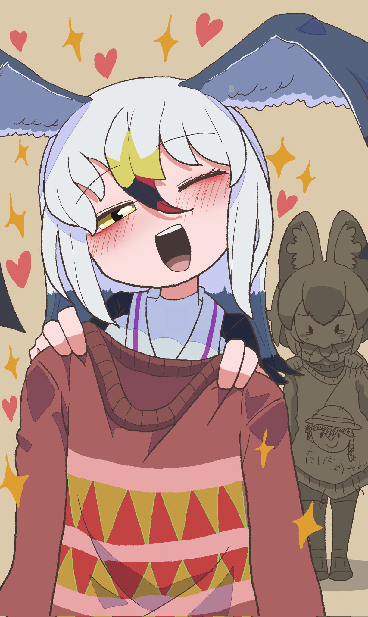 3girls, animal_ears, bird_girl, bird_wings, black-tailed_gull_(kemono_friends), bucket_hat, captain_(kemono_friends), child_drawing