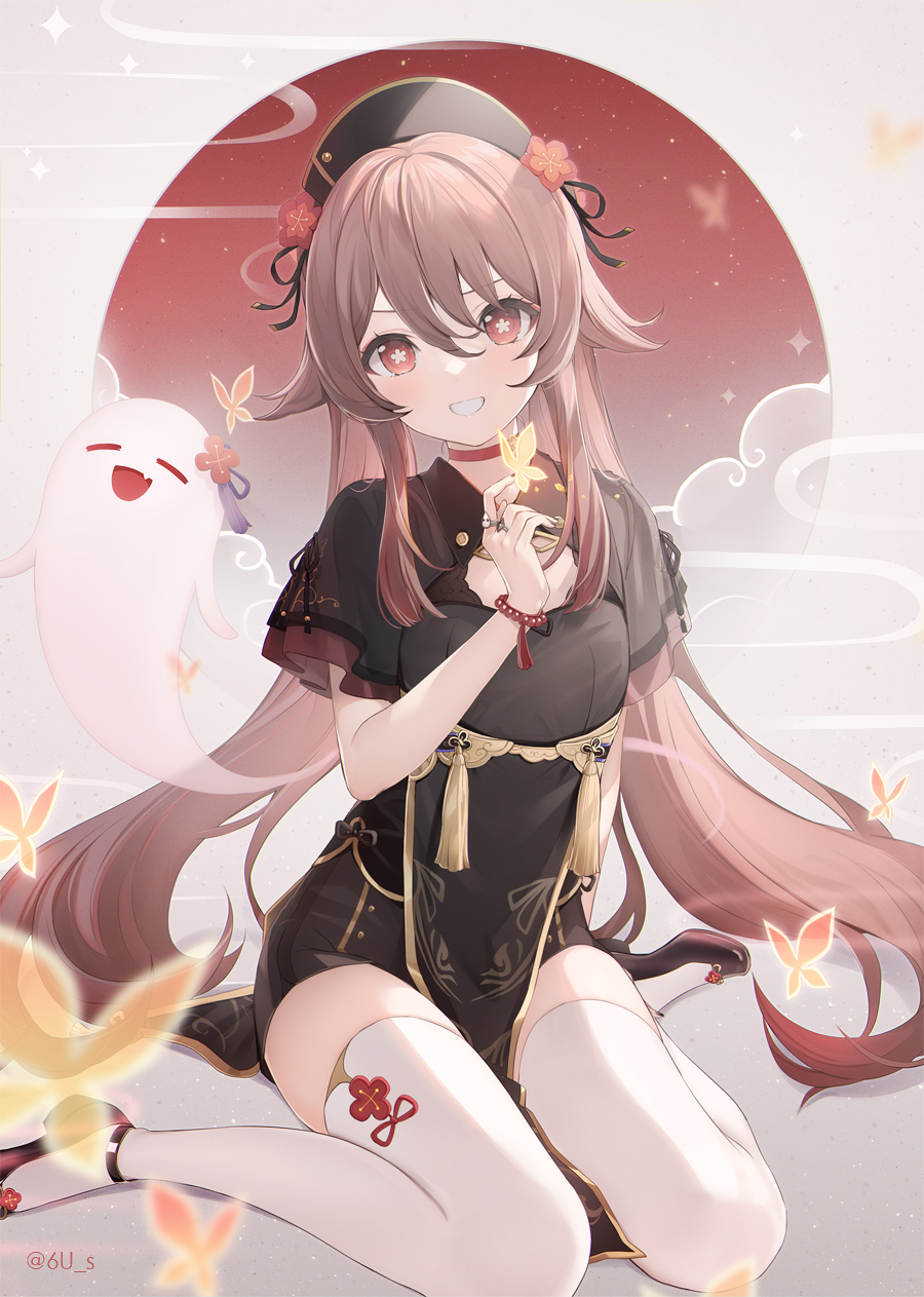 1girl, 6u_(eternal_land), alternate_costume, bangs, bead_bracelet, beads, black_headwear, black_nails, black_shirt, boo_tao_(genshin_impact), bracelet, breasts, brown_hair, brown_shorts, bug, butterfly, butterfly_on_hand, chinese_clothes, choker, commentary_request, crystalfly_(genshin_impact), flower, flower-shaped_pupils, frilled_sleeves, frills, full_body, genshin_impact, ghost, grey_background, grin, hair_between_eyes, hair_flaps, hair_flower, hair_ornament, hand_up, high_heels, highres, hu_tao_(genshin_impact), index_finger_raised, jewelry, legs, long_hair, looking_at_viewer, medium_breasts, multiple_rings, nail_polish, pelvic_curtain, plum_blossoms, red_choker, red_eyes, red_flower, red_footwear, ring, shirt, short_shorts, short_sleeves, shorts, sidelocks, sitting, smile, solo, symbol-shaped_pupils, tassel, teeth, thigh-highs, thighs, twintails, twitter_username, very_long_hair, wariza, white_thighhighs, yellow_butterfly, zettai_ryouiki