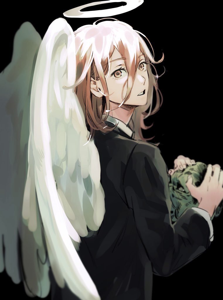 1boy, angel_devil_(chainsaw_man), angel_wings, black_background, black_jacket, black_pants, brown_eyes, brown_hair