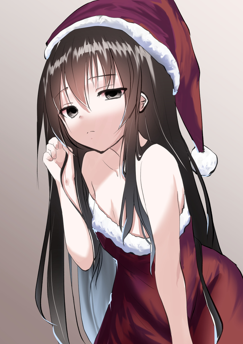 absurdres, black_eyes, black_hair, christmas, dress, gradient, gradient_background, grey_background