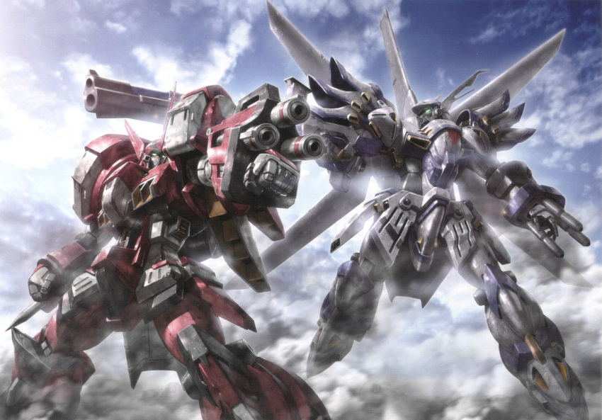 alteisen, arm_cannon, clenched_hand, clouds, cloudy_sky, flying, gun, highres, holding, holding_weapon, mecha, morishita_naochika, no_humans, non-web_source, official_art, pile_bunker, rifle, robot, science_fiction, sky, smoke, super_robot_wars, super_robot_wars_impact, super_robot_wars_original_generation, weapon, weissritter