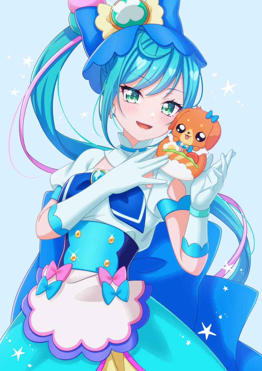 1girl, absurdres, blue_dress, blue_hair, blue_headwear, blue_ribbon, cure_spicy, delicious_party_precure