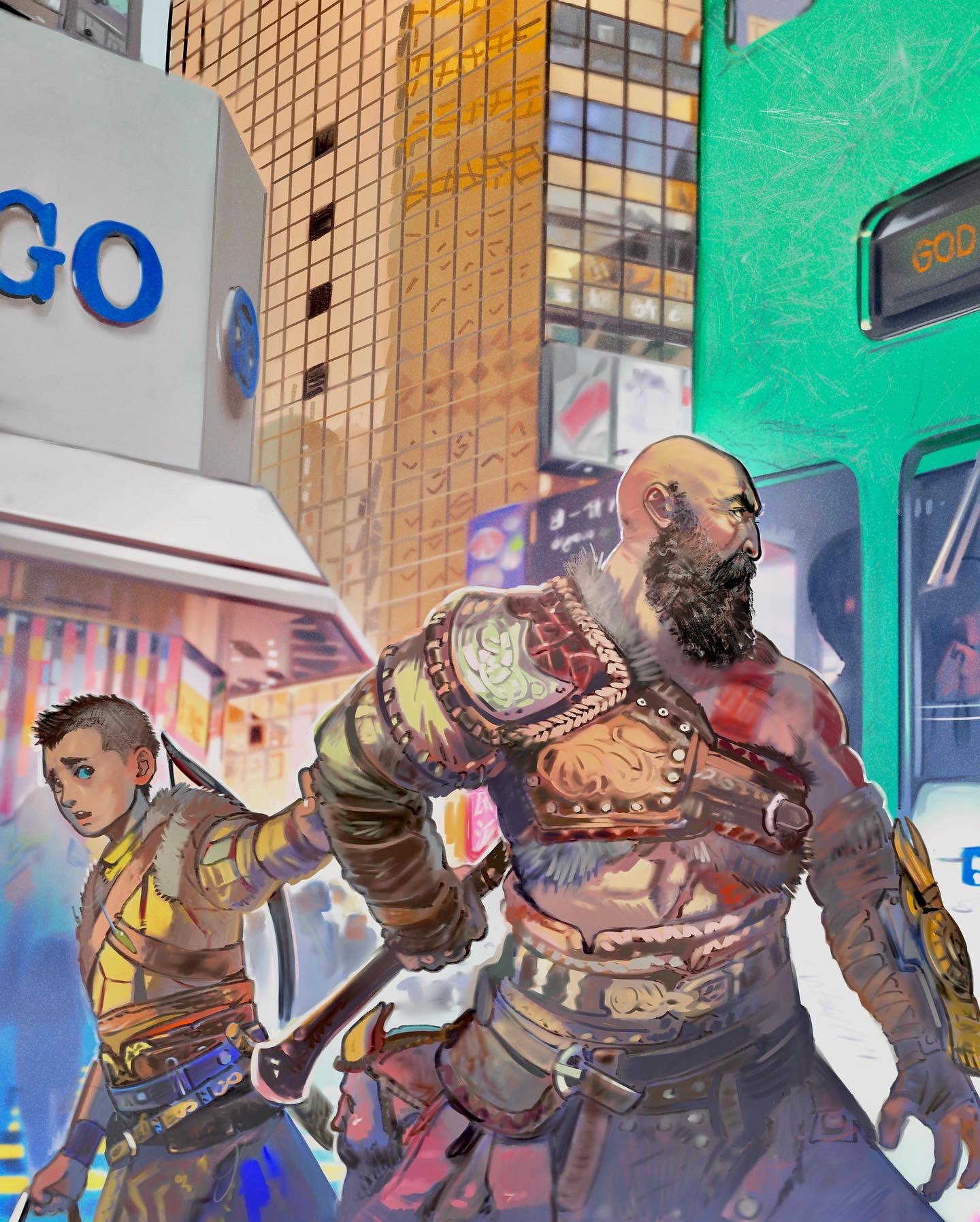 3boys, anachronism, arm_guards, atreus, bald, beard, bow_(weapon), building