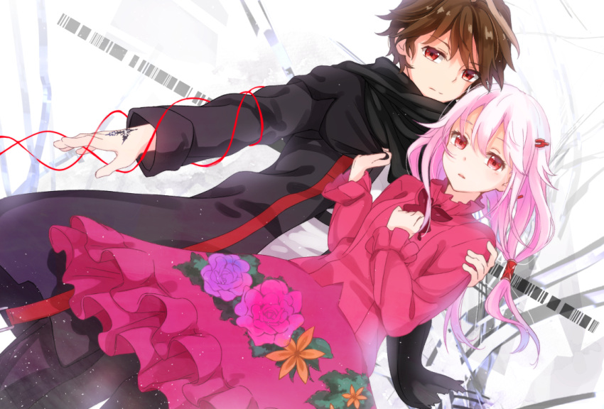 1boy, 1girl, bangs, black_coat, black_scarf, blouse, brown_hair, butterfly_ornament