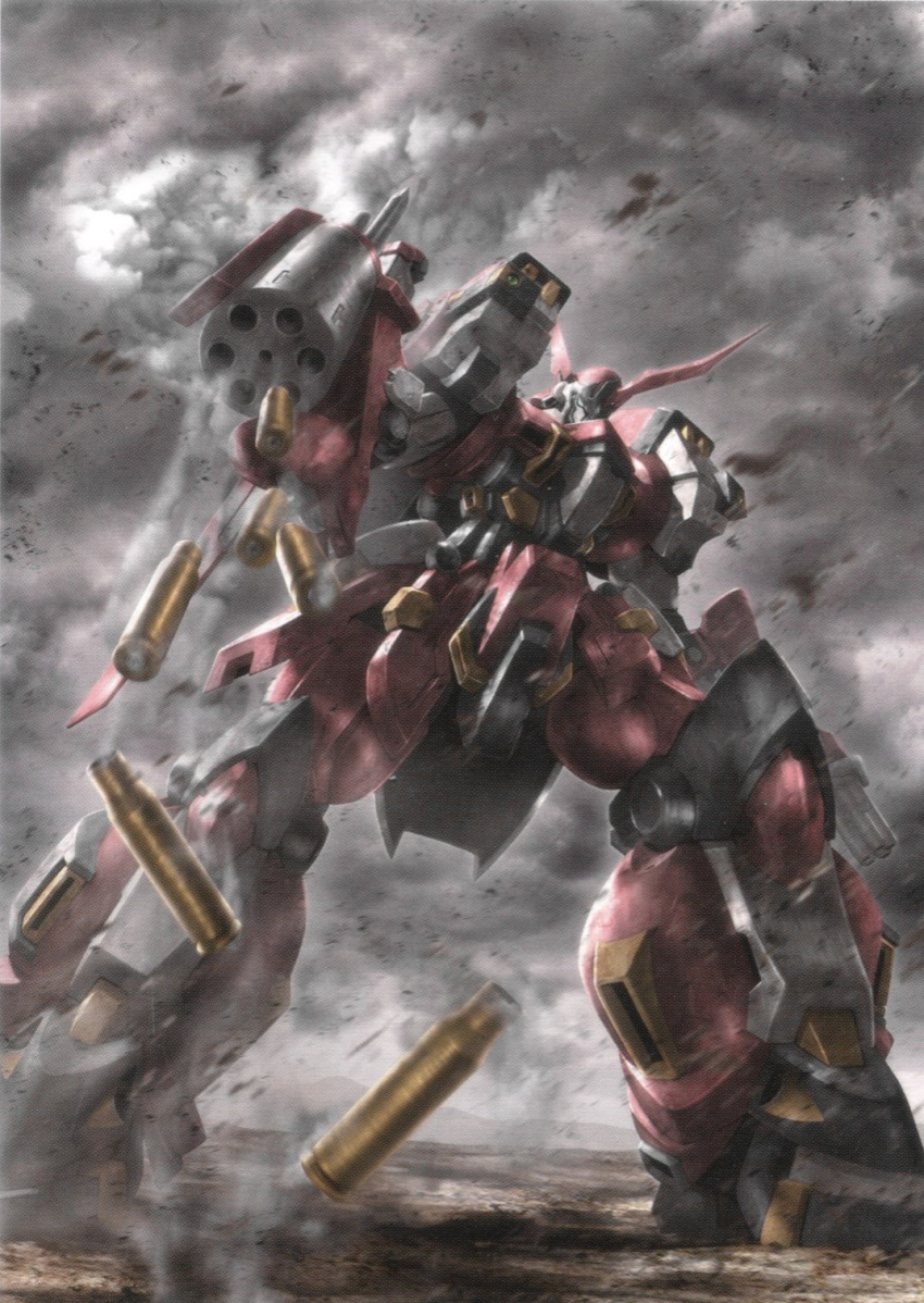 alteisen_riese, ammunition, clenched_hand, clouds, cloudy_sky, highres, horns, looking_at_viewer