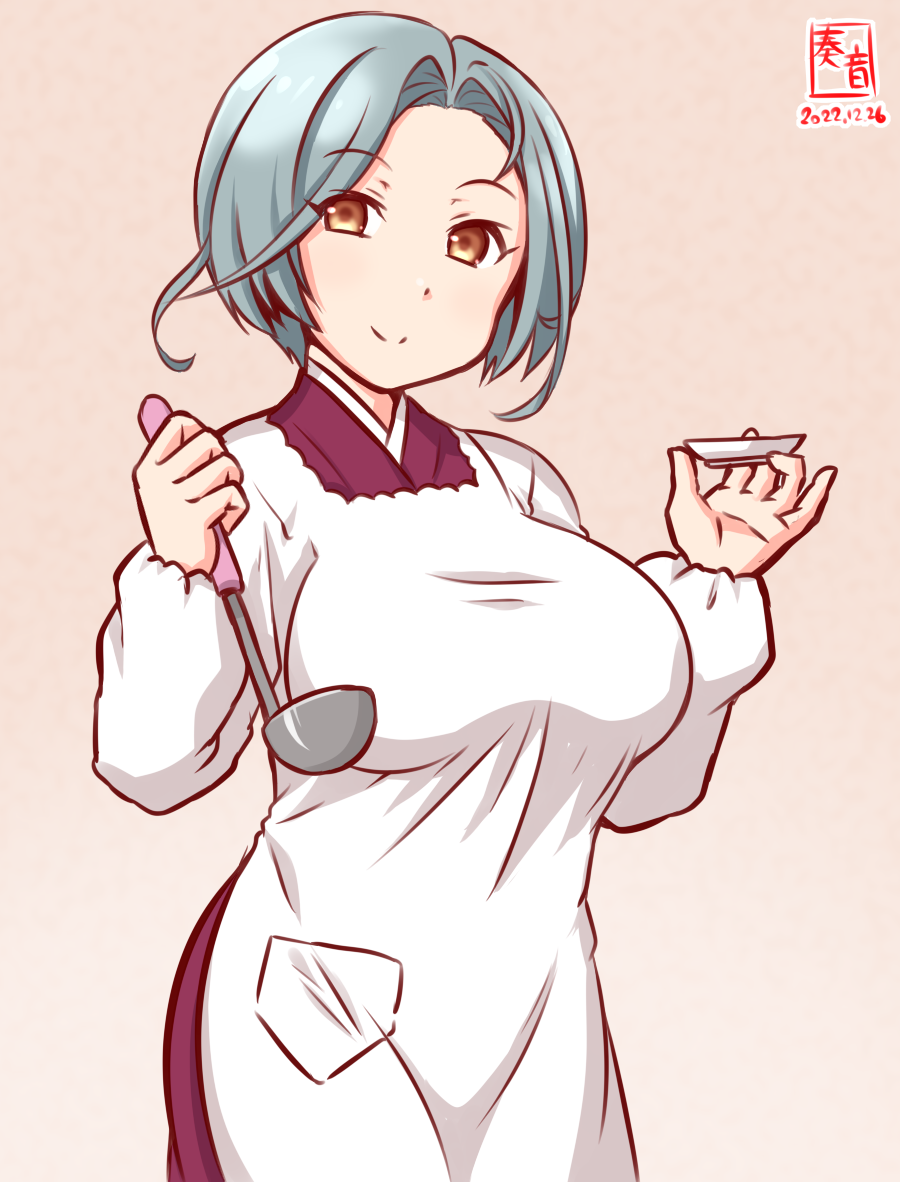 1girl, alternate_costume, apron, breasts, cooking, frilled_apron, frills, gradient