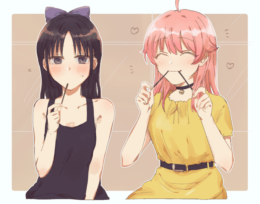 2girls, ahoge, bangs, bell, belt, black_choker, black_dress, black_eyes