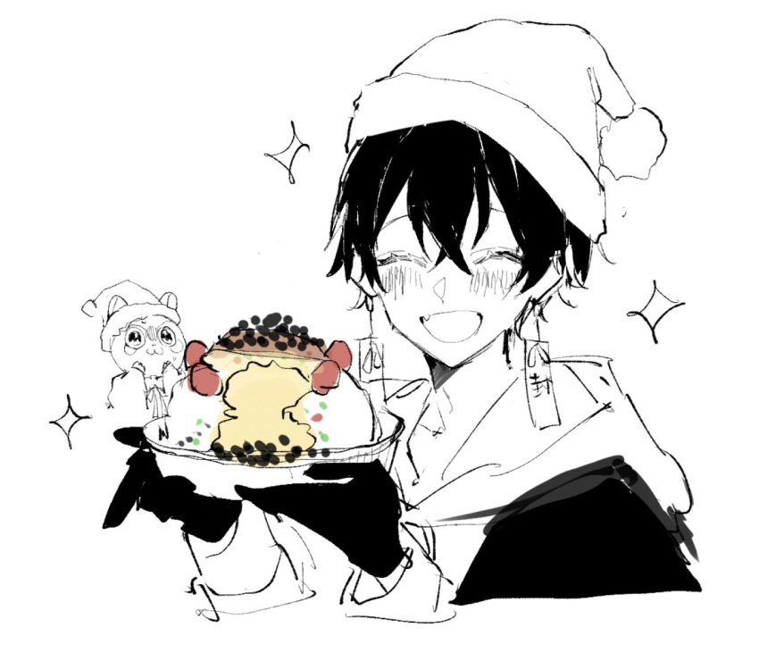 1boy, ^_^, ^o^, bangs, blush, cake, closed_eyes, cropped_torso