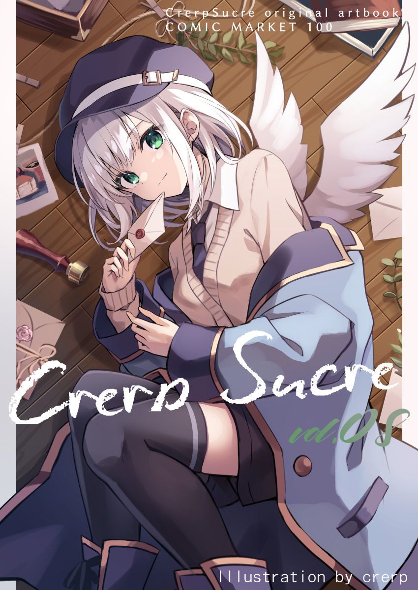 1girl, absurdres, black_thighhighs, blue_footwear, blue_headwear, blue_jacket, blue_necktie, book