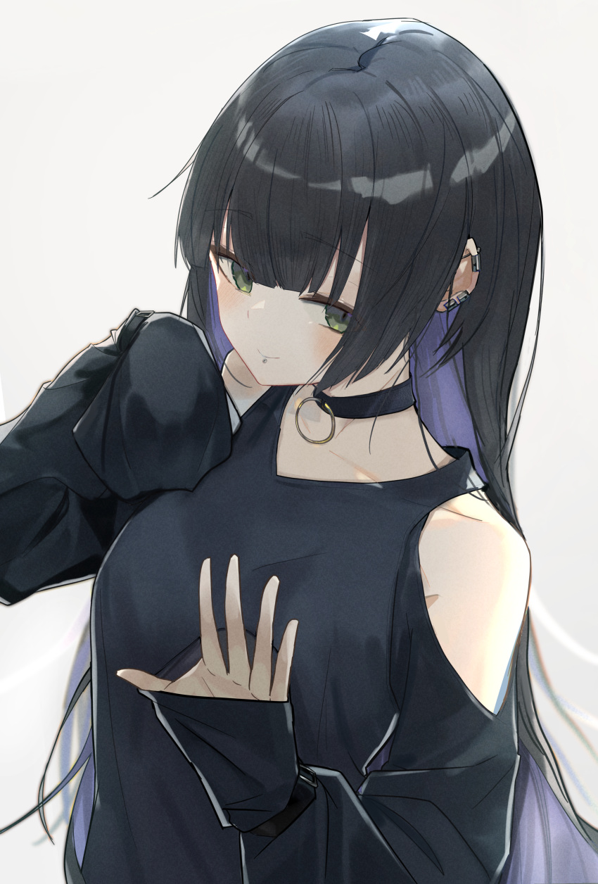 1girl, absurdres, bangs, bare_shoulders, black_choker, black_dress, black_hair, blunt_bangs