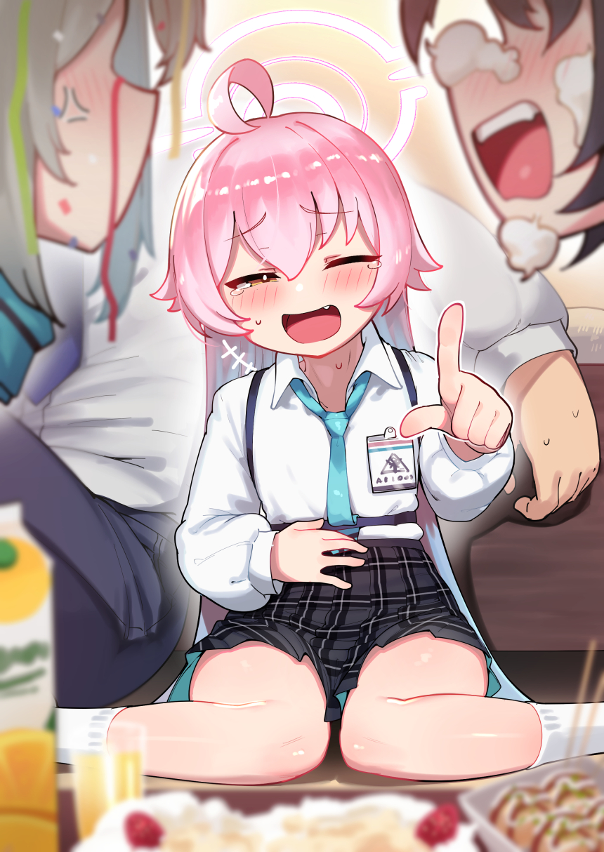 +++, 1boy, 3girls, ahoge, anger_vein, bangs, black_hair, black_pants