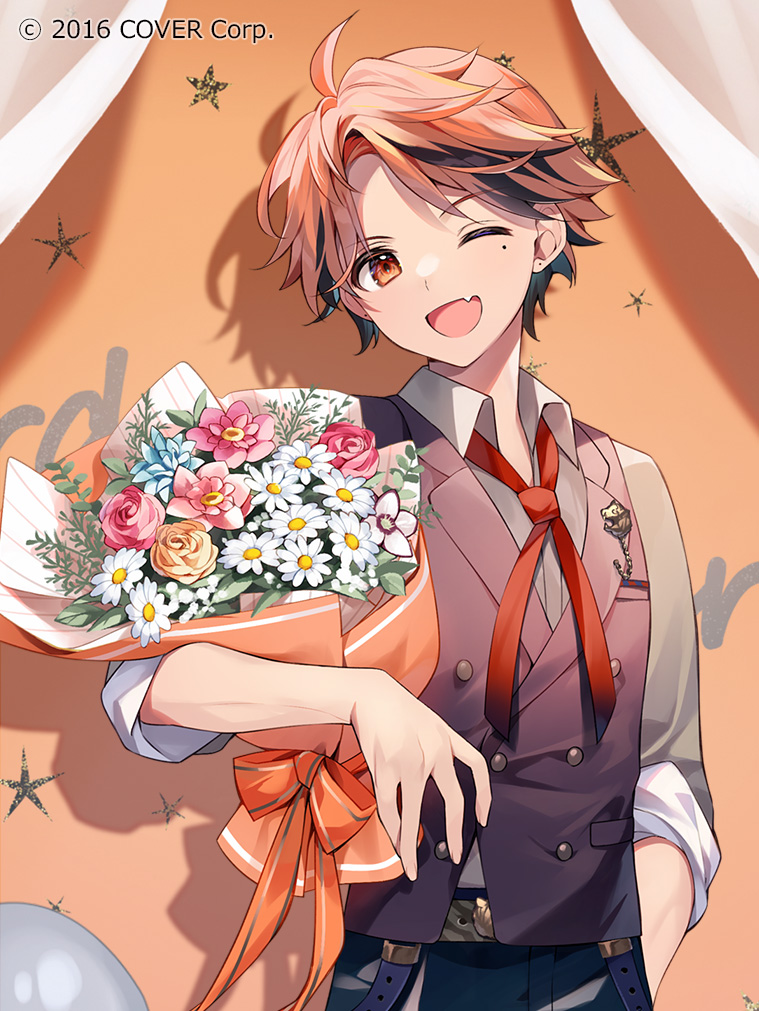1boy, ;d, ahoge, balloon, bangs, belt, black_hair, black_pants