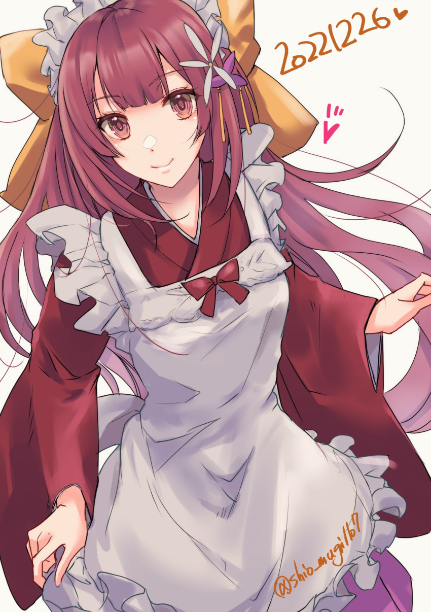 1girl, absurdres, apron, bow, flower, frilled_apron, frills, hair_bow, hair_flower, hair_ornament, hakama, highres, japanese_clothes, kamikaze_(kancolle), kantai_collection, kimono, long_hair, looking_at_viewer, maid_headdress, meiji_schoolgirl_uniform, one-hour_drawing_challenge, pink_hakama, purple_hair, red_kimono, shio_mugi1107, simple_background, solo, twitter_username, violet_eyes, wa_maid, white_apron, white_background