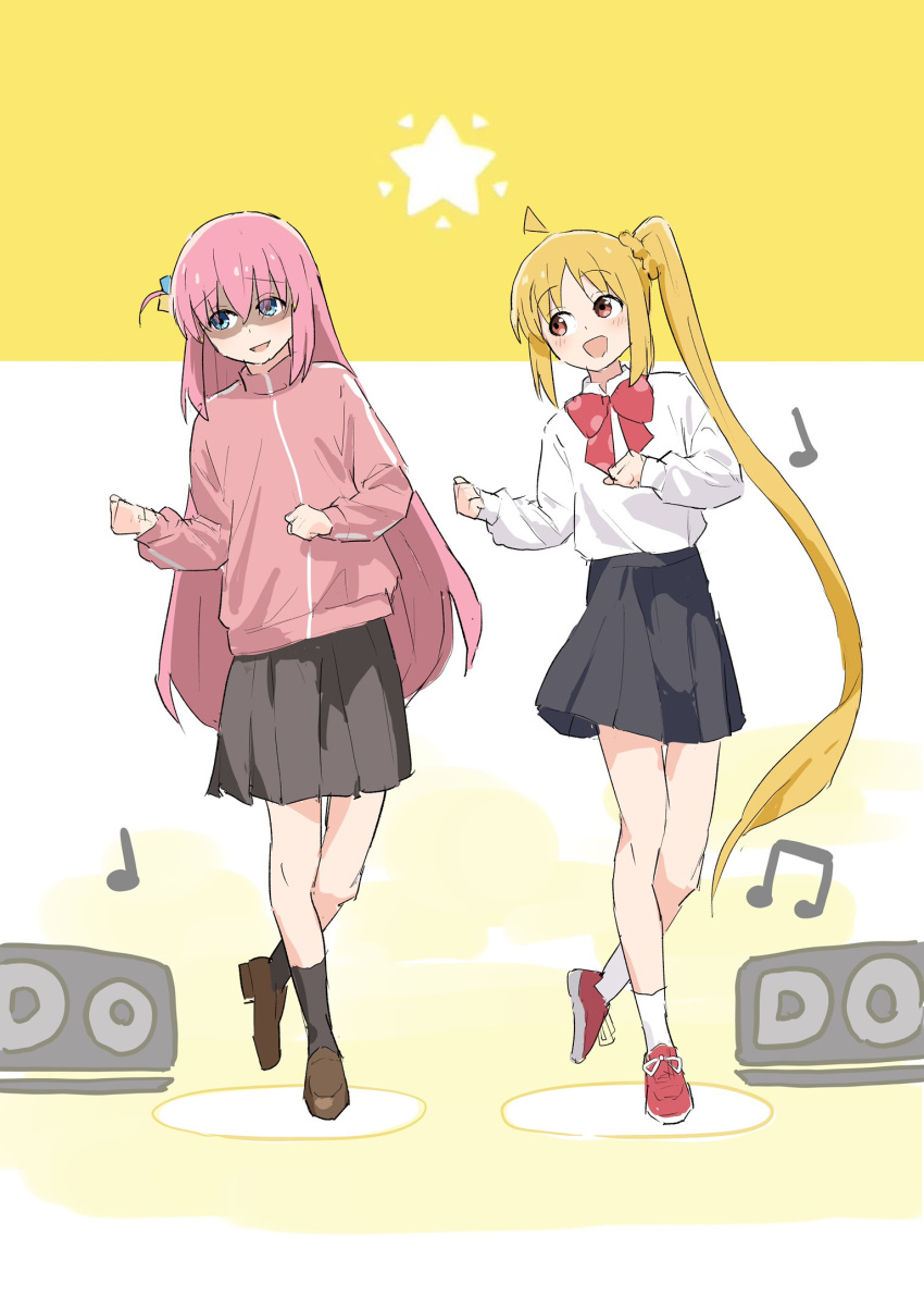 2girls, ahoge, bangs, black_footwear, black_skirt, black_socks, blonde_hair, bocchi_the_rock!, bow, bowtie, cube_hair_ornament, dancing, full_body, gotou_hitori, hair_between_eyes, hair_ornament, hands_up, highres, ijichi_nijika, jacket, long_hair, long_sleeves, looking_to_the_side, multiple_girls, musical_note, nani_ga_warui, one_side_up, ookiiayu, open_mouth, pink_hair, pink_jacket, pink_track_suit, pleated_skirt, red_bow, red_bowtie, red_eyes, shaded_face, shirt, shoes, side_ponytail, sidelocks, simple_background, skirt, smile, sneakers, socks, speaker, standing, standing_on_one_leg, star_(symbol), two-tone_background, white_background, white_shirt, white_socks, yellow_background
