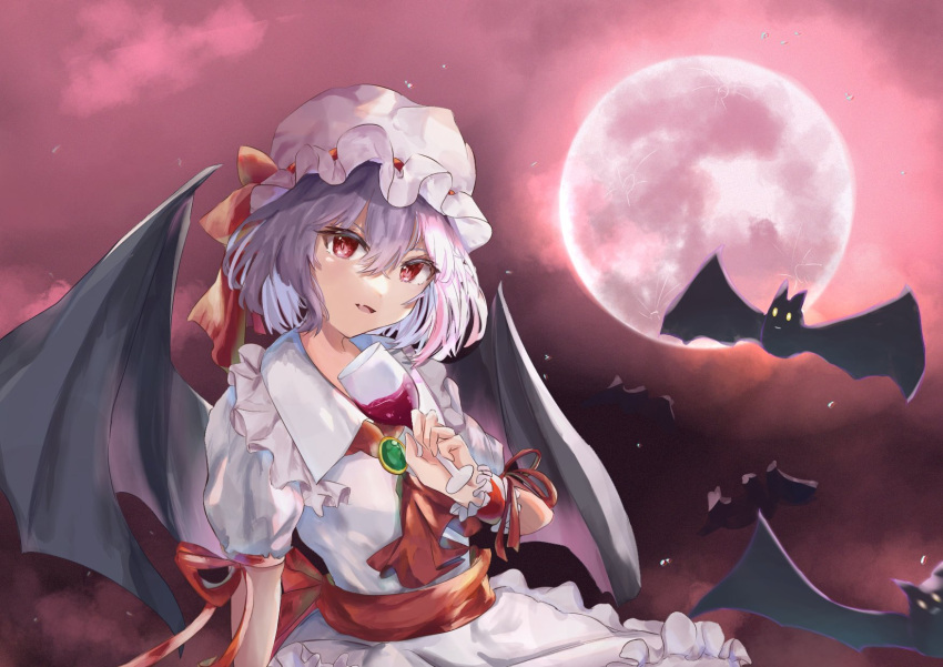 1girl, ascot, bangs, bat_(animal), bat_wings, clouds, cup, drinking_glass