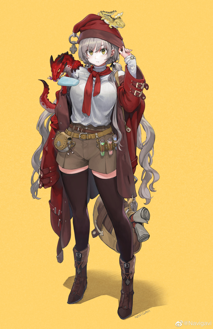1girl, :/, absurdres, adjusting_clothes, adjusting_headwear, belt, belt_pouch, black_thighhighs, boots, breasts, brown_bag, brown_belt, brown_footwear, brown_shorts, coat, curly_hair, dragon_on_head, dragon_on_shoulder, duffel_coat, food, food_in_mouth, full_body, grey_hair, hat, highres, jun_(seojh1029), knee_boots, large_breasts, long_coat, long_hair, long_sleeves, looking_at_viewer, low_twintails, mini_dragon, open_clothes, open_coat, original, popsicle, pouch, red_coat, red_scarf, ribbed_sweater, santa_hat, scarf, shorts, solo, sweater, test_tube, thigh-highs, turtleneck, turtleneck_sweater, twintails, very_long_hair, weibo_logo, weibo_username, white_sweater, yellow_background, zettai_ryouiki