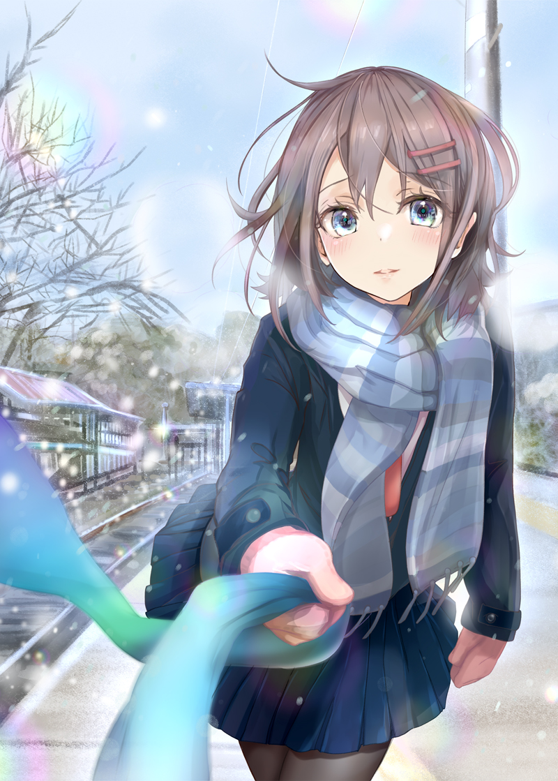 1girl, bangs, bare_tree, black_jacket, blazer, blue_eyes, blue_scarf, blue_skirt