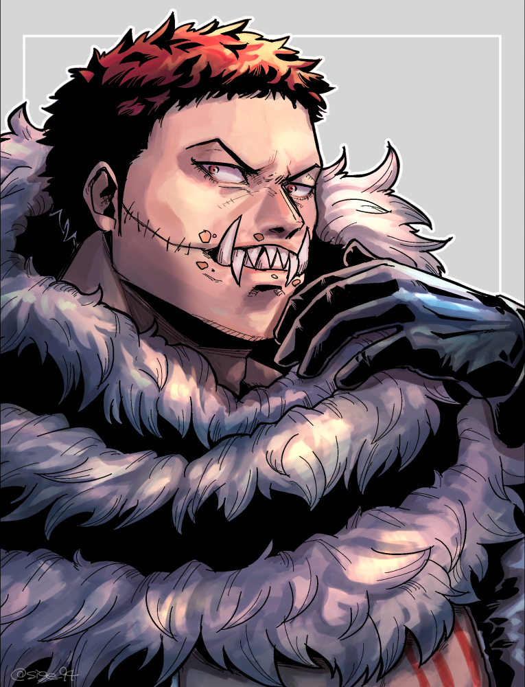 1boy, black_gloves, charlotte_katakuri, chest_tattoo, eating, food, food_on_face, gloves, looking_at_viewer, male_focus, one_piece, portrait, scarf, sharp_teeth, short_hair, sige_94, solo, spikes, stitches, tattoo, teeth, tusks, upper_body