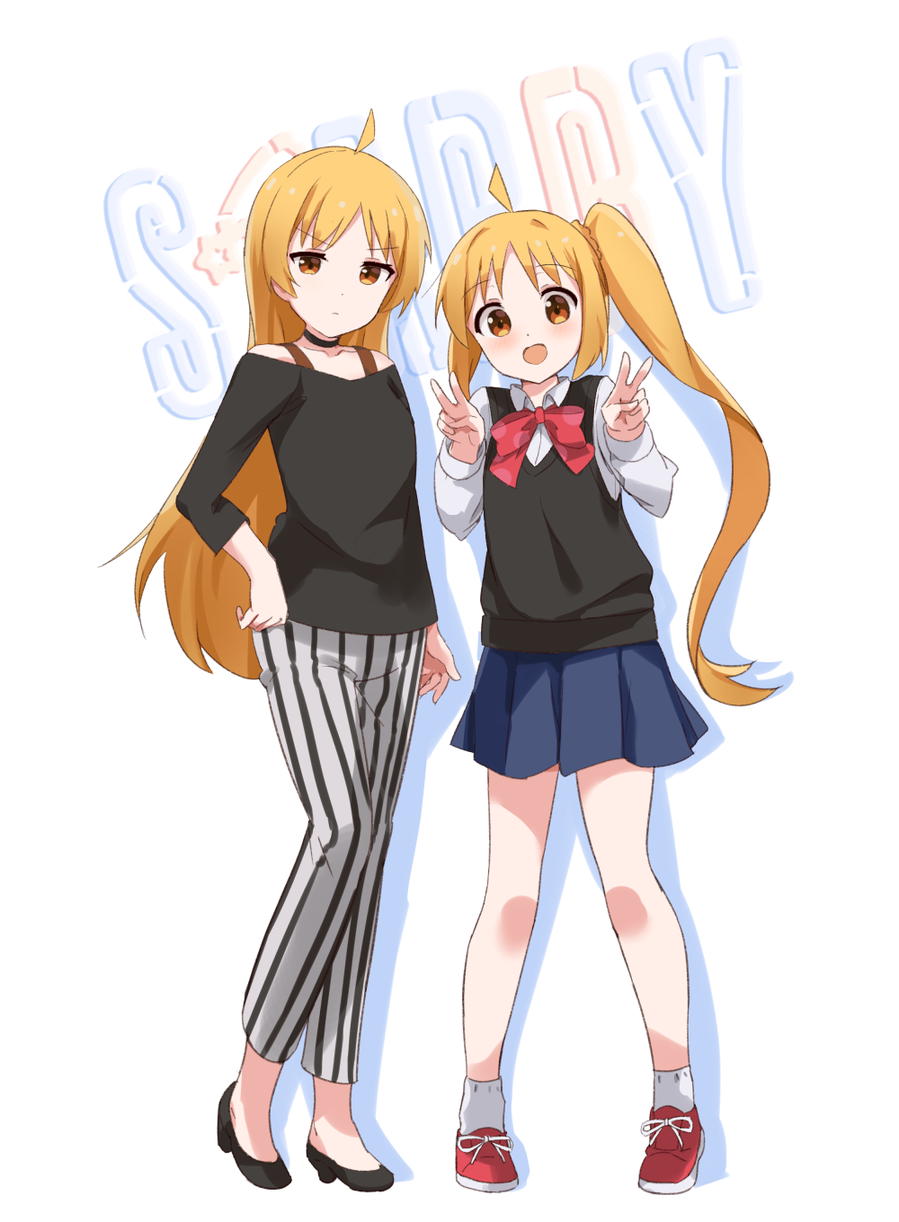 2girls, :d, ahoge, bangs, black_shirt, blue_skirt, blush, bocchi_the_rock!