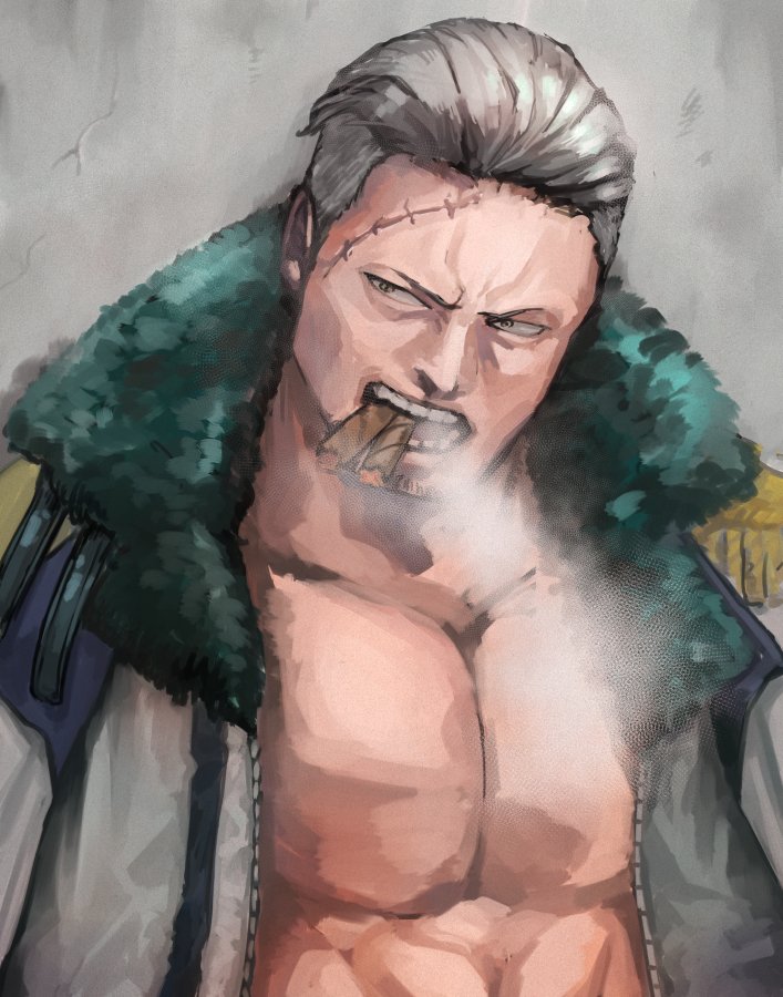 1boy, cigar, coat, facial_hair, goatee, large_pectorals, male_focus, mature_male, one_piece, open_clothes, open_coat, pectorals, short_hair, sideburns, sige_94, smoker_(one_piece), smoking, solo, stitches, upper_body, white_hair