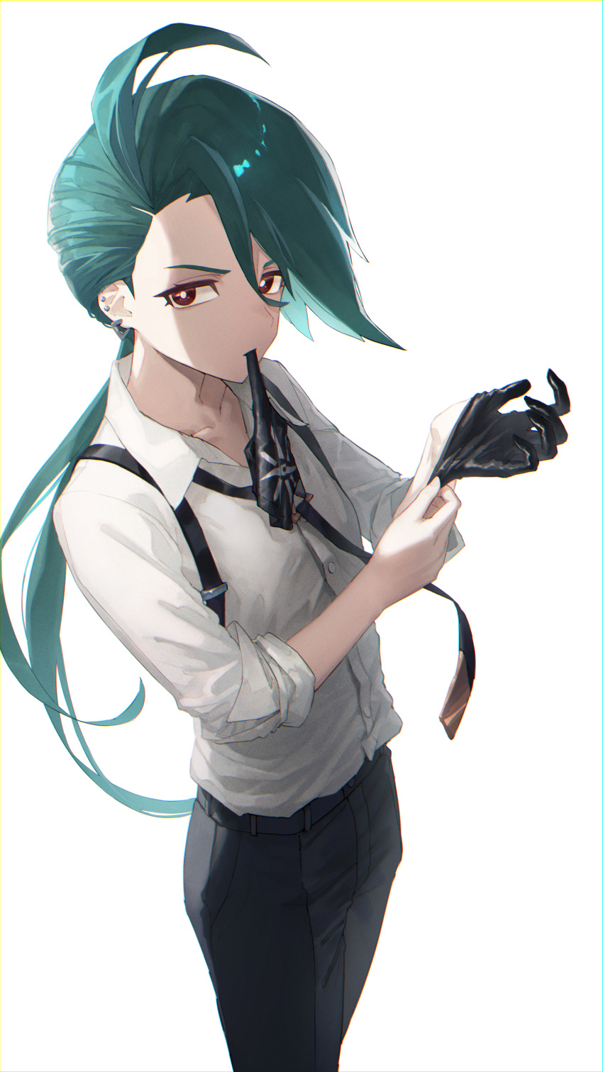 1girl, absurdres, adjusting_clothes, adjusting_gloves, black_gloves, black_pants, closed_mouth, collared_shirt