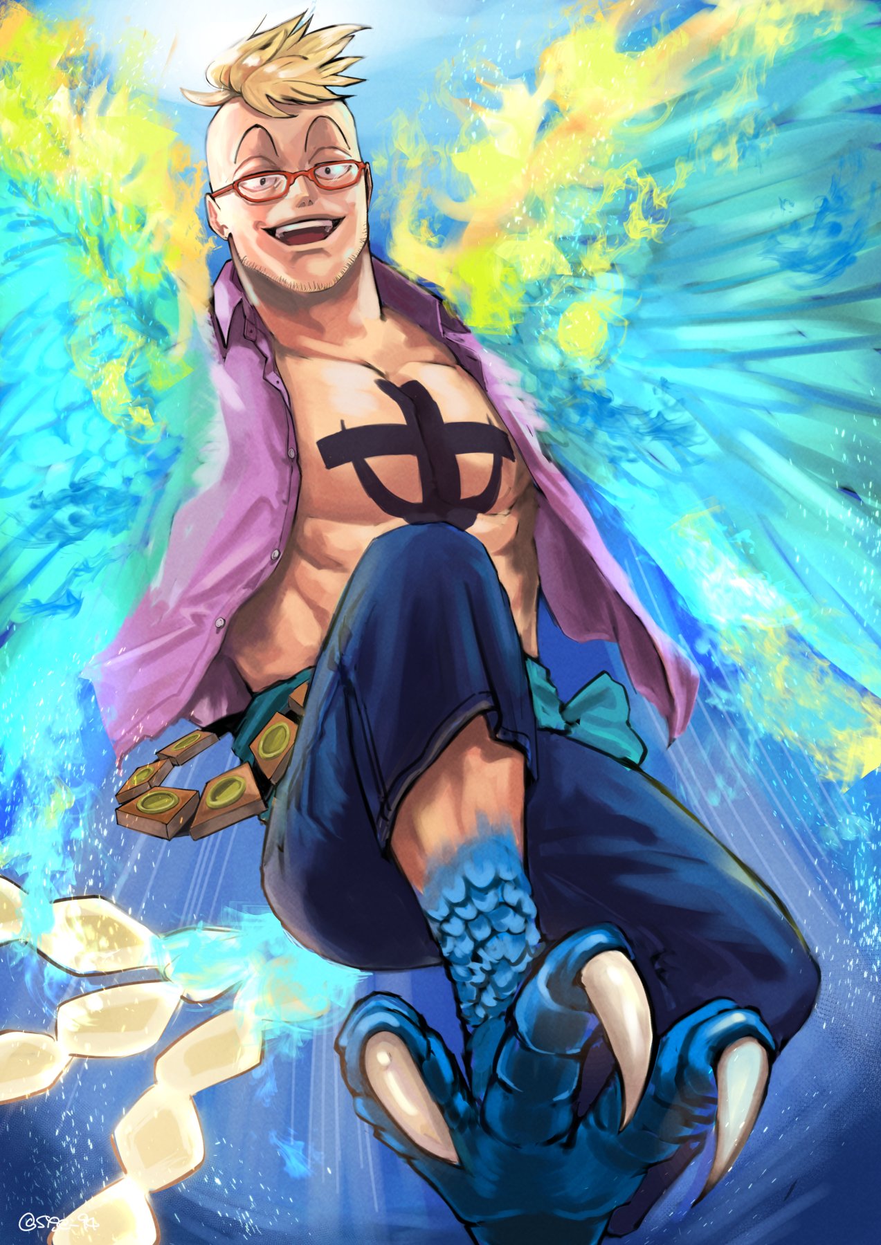 1boy, anchor_tattoo, bare_pectorals, blonde_hair, blue_fire, blue_wings, fiery_wings, fire
