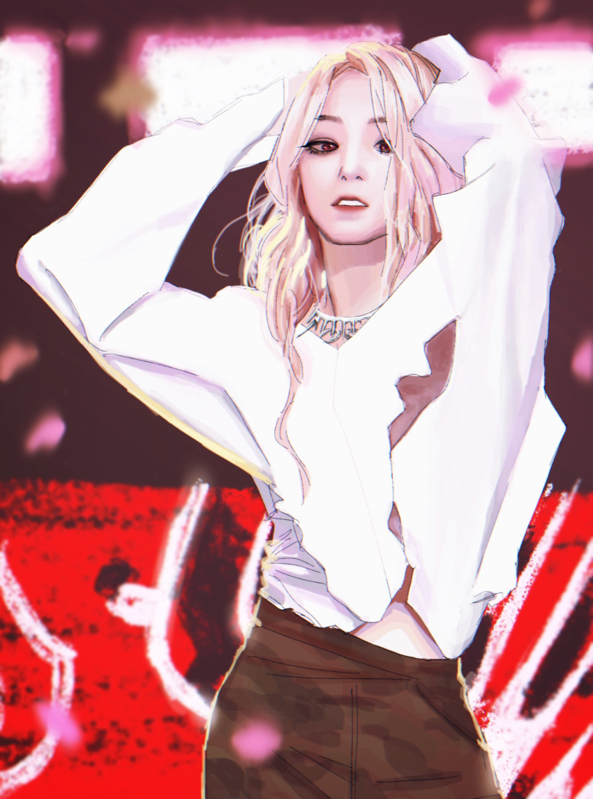 1girl, arms_behind_head, black_skirt, blonde_hair, brown_eyes, g-i-dle, highres, jewelry