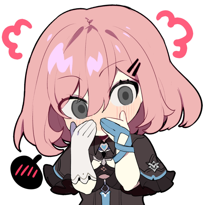 1girl, bangs, black_leotard, blush, bob_cut, breasts, covering_mouth, embarrassed